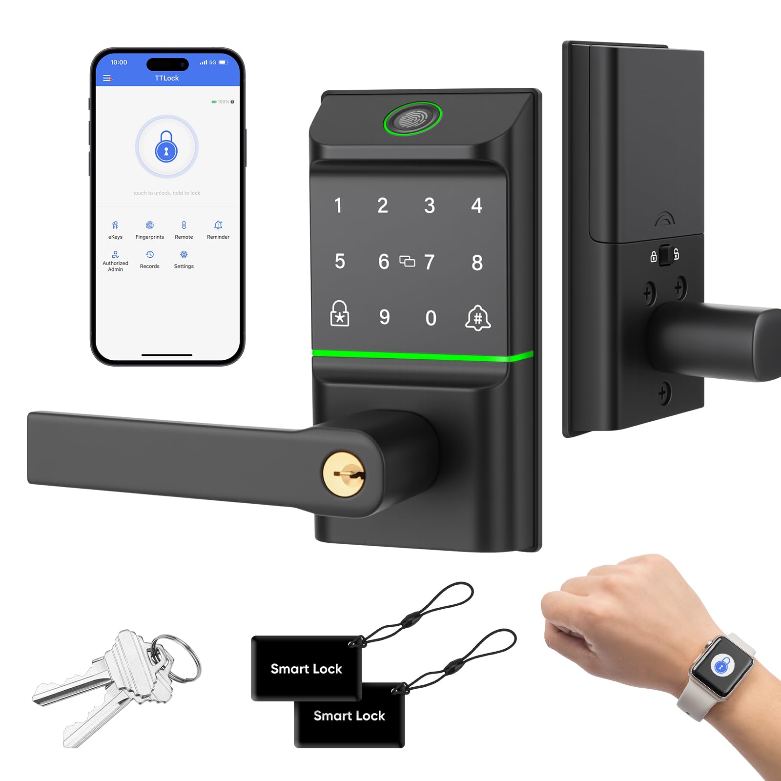 Inteligentny zamek z uchwytem, otwieranie linii papilarnych, aplikacja, sterowanie głosem, kod, klucz, automatyczne zamykanie, kompatybilny z Apple Watch. Łatwy montaż, do drzwi wejściowych