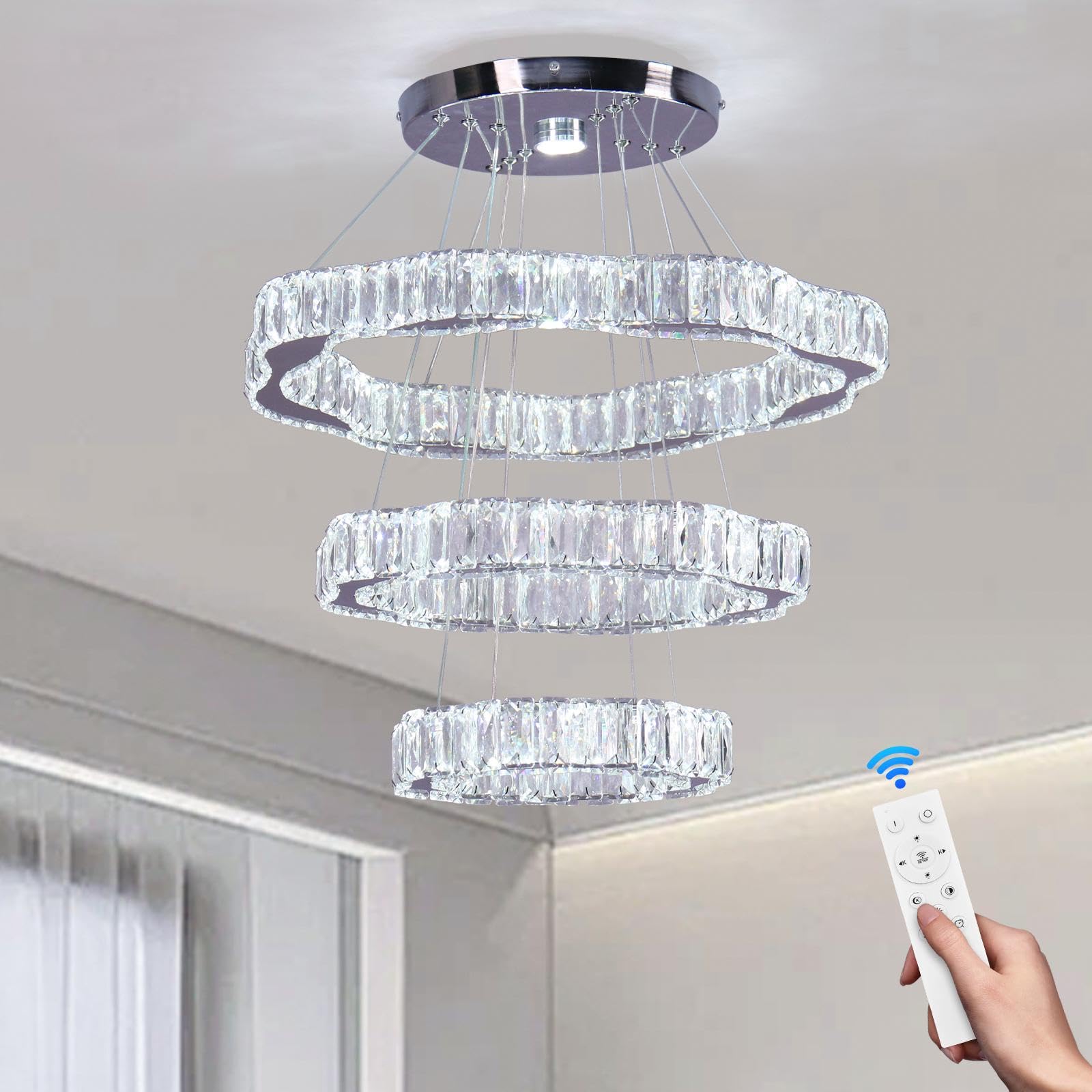 Kryształowy żyrandol, 3-pierścieniowa, lampa sufitowa LED, żyrandol do wysokiego sufitu