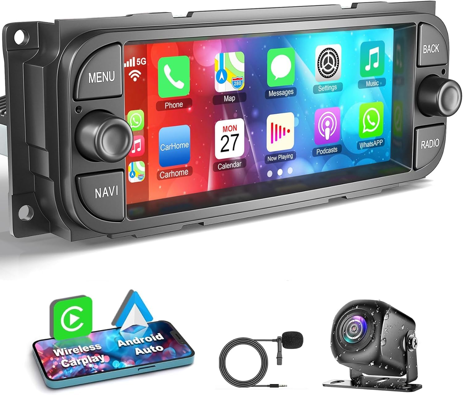System Multimedialny Android do Jeepa / Dodge/ Chryslera 1998-2010 z ekranem dotykowym IPS 6,86 cala, Wireless Carplay i Android Auto 2 + 32G, nawigacja GPS WiFi Bluetooth FM / AM SWC kamera